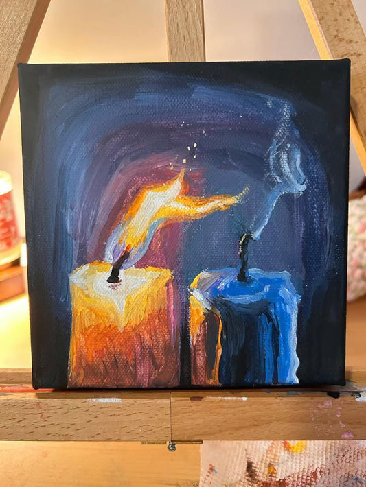 Painting of two candles, one orange and one blue, on a dark background.